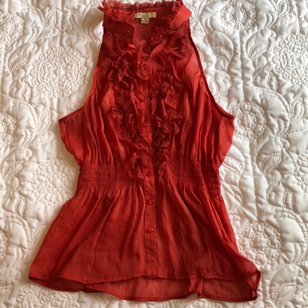 Sheer, dark coral blouse with lace detailing